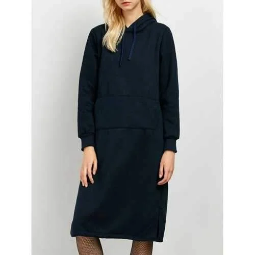 Long Sleeves Hoodie Dress with Pocket - Purplish Blue M Hoodie with Slit Hem Functional Movement