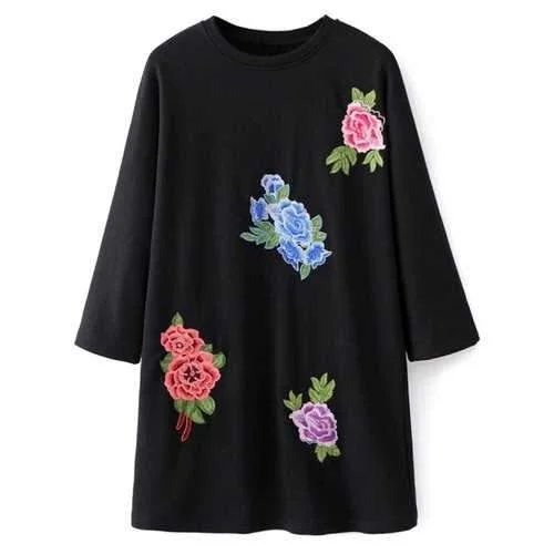Crew Neck Floral Embroidered Sweatshirt Dress - Black M Hoodie with Oversized Fit Loose Comfortable Crew Neck Floral Embroidered Sweatshirt Dress - Black M Hoodie with Oversized Fit Loose Comfortable