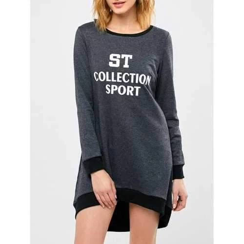 Sport Letter High Low Sweatshirt Dress - Gray M Hoodie with Elastic Waist Stretchable Comfortable Sport Letter High Low Sweatshirt Dress - Gray M Hoodie with Elastic Waist Stretchable Comfortable