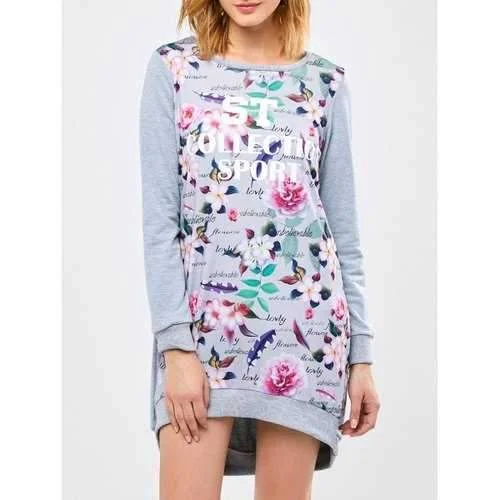 Letter Floral High Low Sweatshirt Dress - Gray L Hoodie with Cropped Fit Short Trendy Letter Floral High Low Sweatshirt Dress - Gray L Hoodie with Cropped Fit Short Trendy