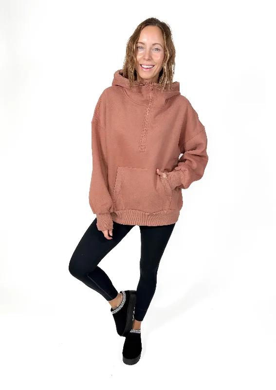 Torrin Fleece Oversized 1/2 Zip Hoodie- BRICK Hoodie with Pocket Utility Practical