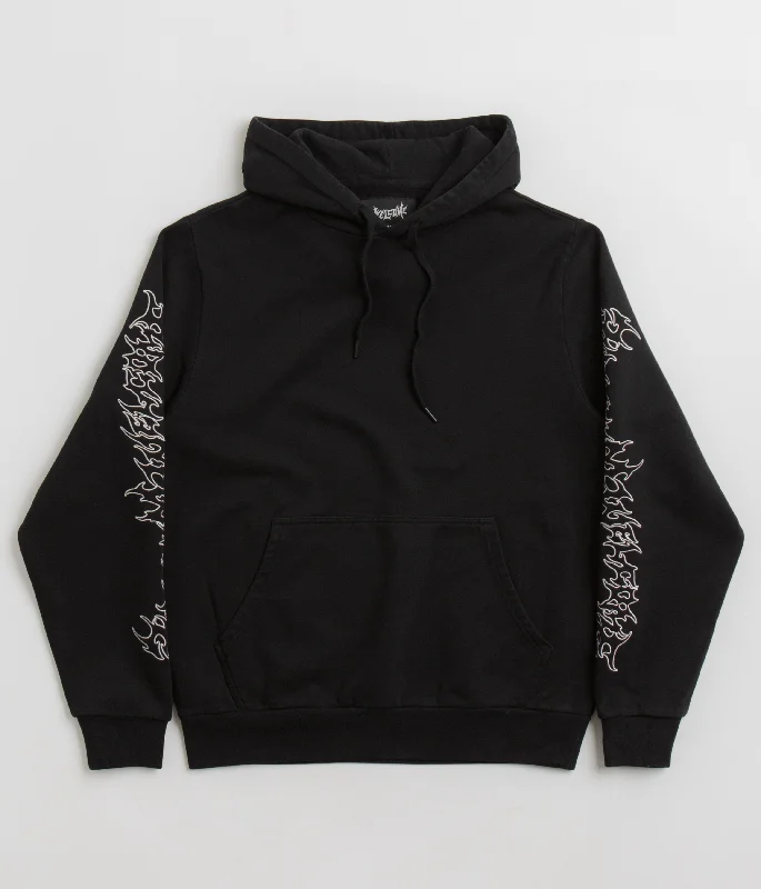 Welcome Barb Sleeve Embroidered Pigment-Dyed Hoodie - Black Hoodie with Front Slit Layering Stylish Welcome Barb Sleeve Embroidered Pigment-Dyed Hoodie - Black Hoodie with Front Slit Layering Stylish