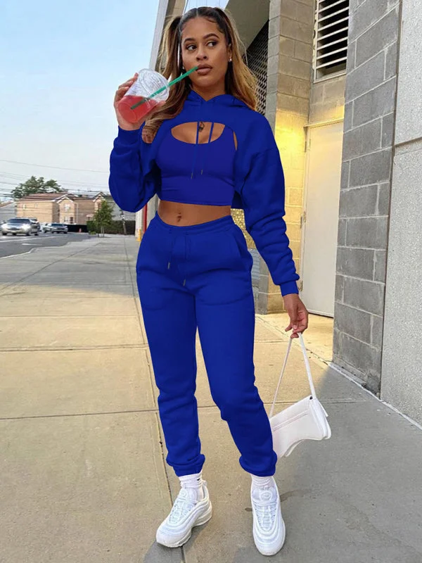 Women's Drawstring Solid Color Hoodie Long Sleeve Drawstring Trousers Vest Three-Piece Suit Hoodie with Camouflage Military Edgy Women's Drawstring Solid Color Hoodie Long Sleeve Drawstring Trousers Vest Three-Piece Suit Hoodie with Camouflage Military Edgy