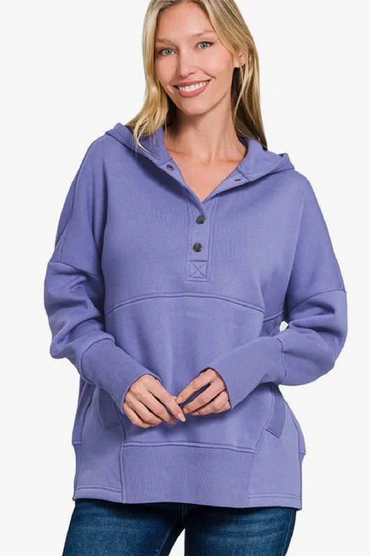 Zenana Half Snap Long Sleeve Hoodie with Kangaroo Pocket - Blue Purple Oversized Hoodie Comfort Casual Zenana Half Snap Long Sleeve Hoodie with Kangaroo Pocket - Blue Purple Oversized Hoodie Comfort Casual