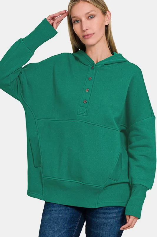 Zenana Half Snap Long Sleeve Hoodie with Kangaroo Pocket In Green Hoodie with Fur Luxurious Winter Zenana Half Snap Long Sleeve Hoodie with Kangaroo Pocket In Green Hoodie with Fur Luxurious Winter
