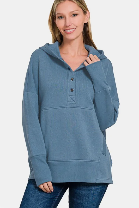 Zenana Half Snap Long Sleeve Hoodie with Kangaroo Pocket Hoodie with Sequins Glamorous Eye-catching