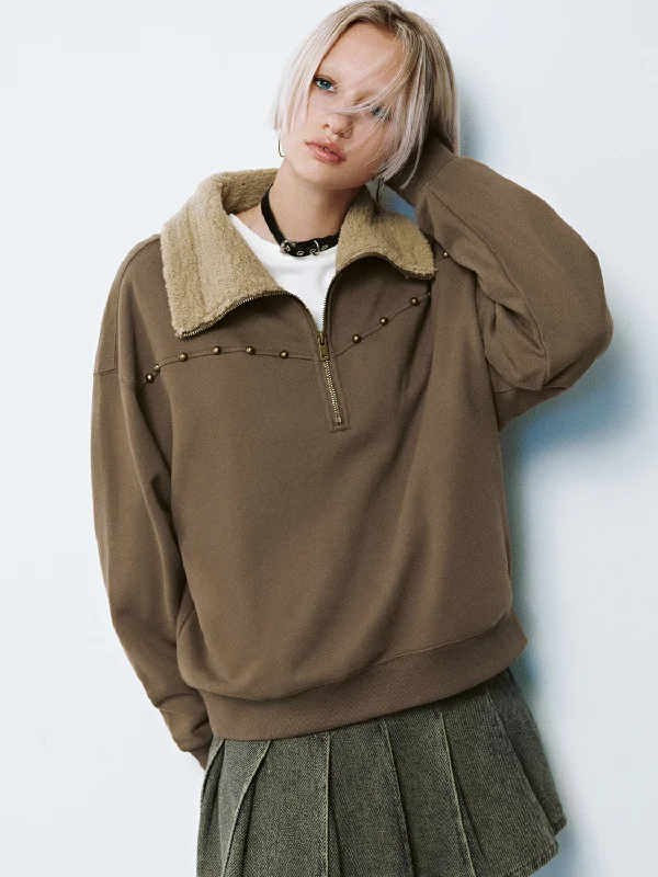 Zip Front Placket Loose Sweatshirts Hoodie with Mesh Breathable Sporty