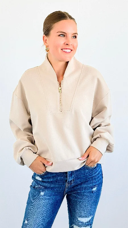 Zip-Up Scuba Long Sleeve Sweatshirt -Taupe Hoodie with Earth Tones Natural Calm