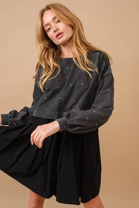 Studded Sweatshirt Dress Hoodie with Distressed Vintage Worn
