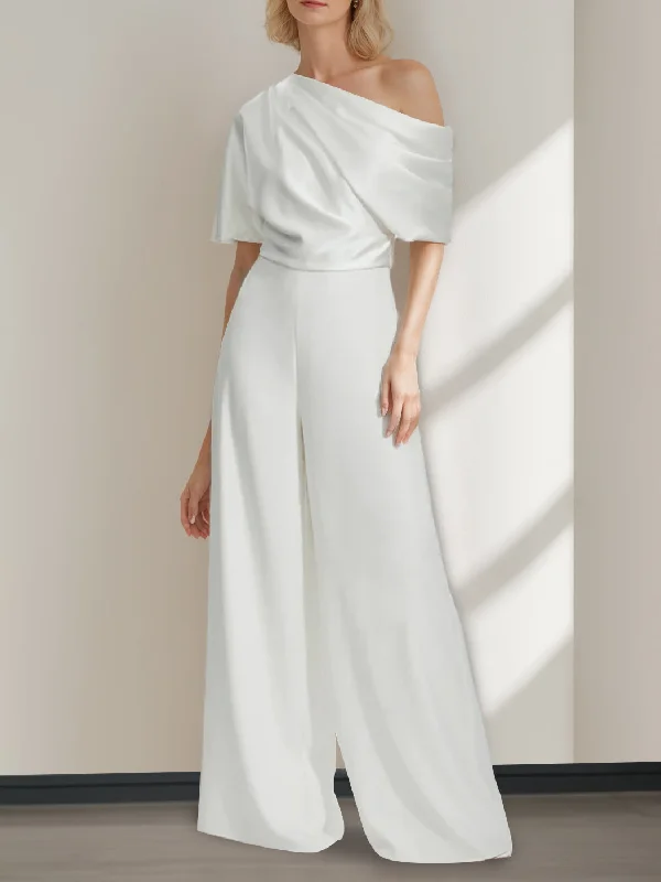 A-Line/Princess One-Shoulder Half Sleeves Floor Length Wedding Pantsuits With Ruffles Elegant High-Waist Pants