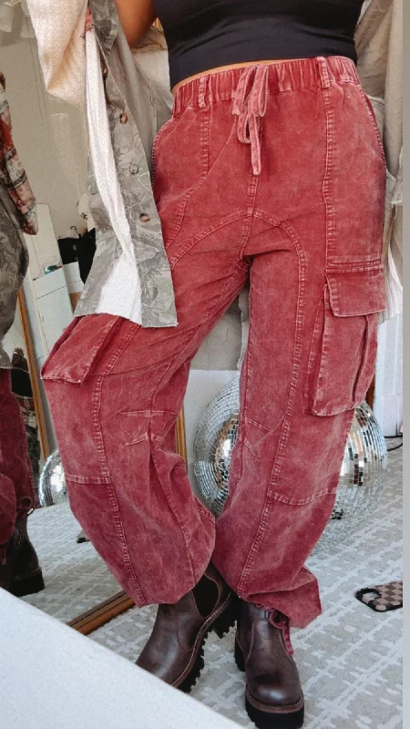 A List Corduroy Drawstring Cargo Pant, Burgundy Cozy Fitted Pants