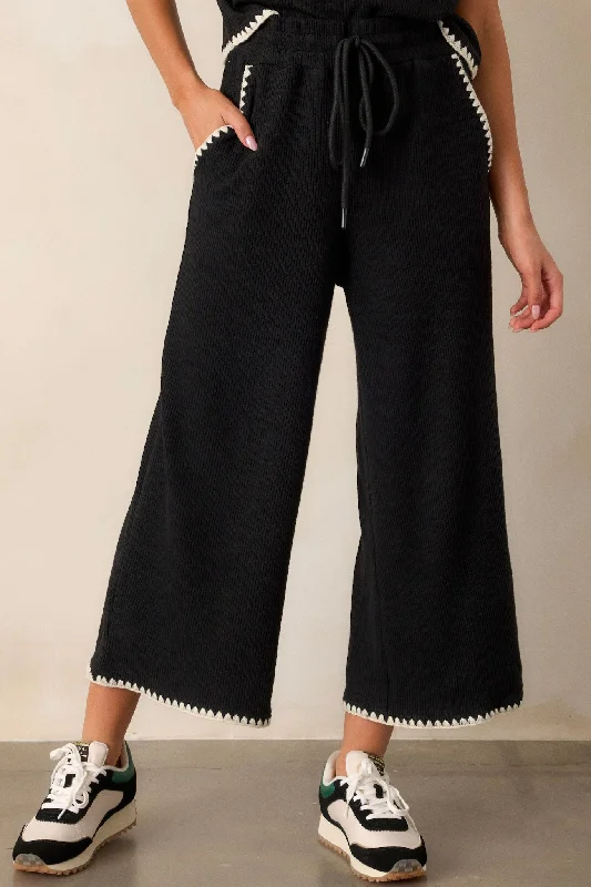 Anytime Now Black Blanket Stitch Wide Leg Pants Comfortable Jogging Pants