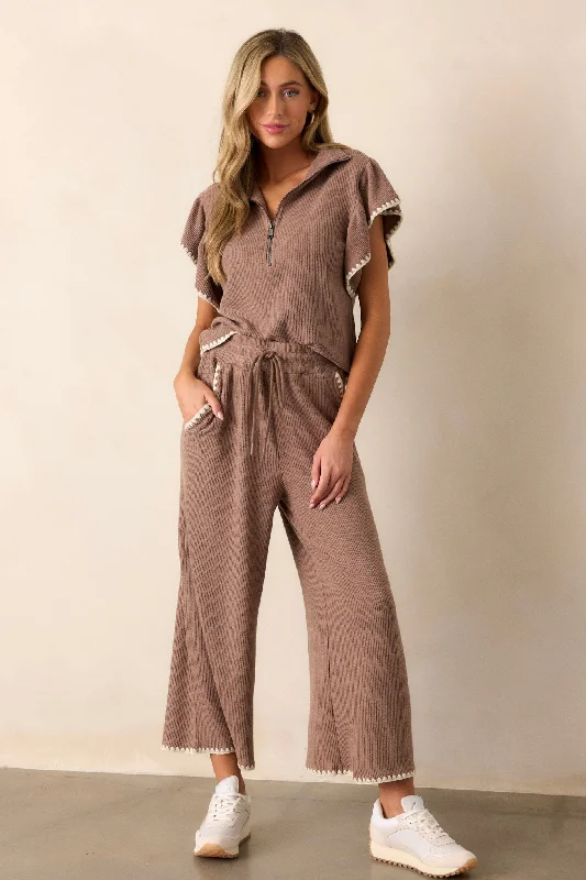 Anytime Now Mocha Blanket Stitch Wide Leg Pants Chic Wool Trousers