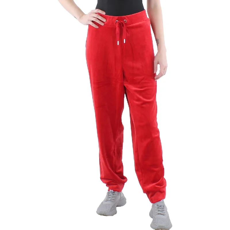 Womens Velour Sequined Logo Jogger Pants Chic Faux Leather Pants