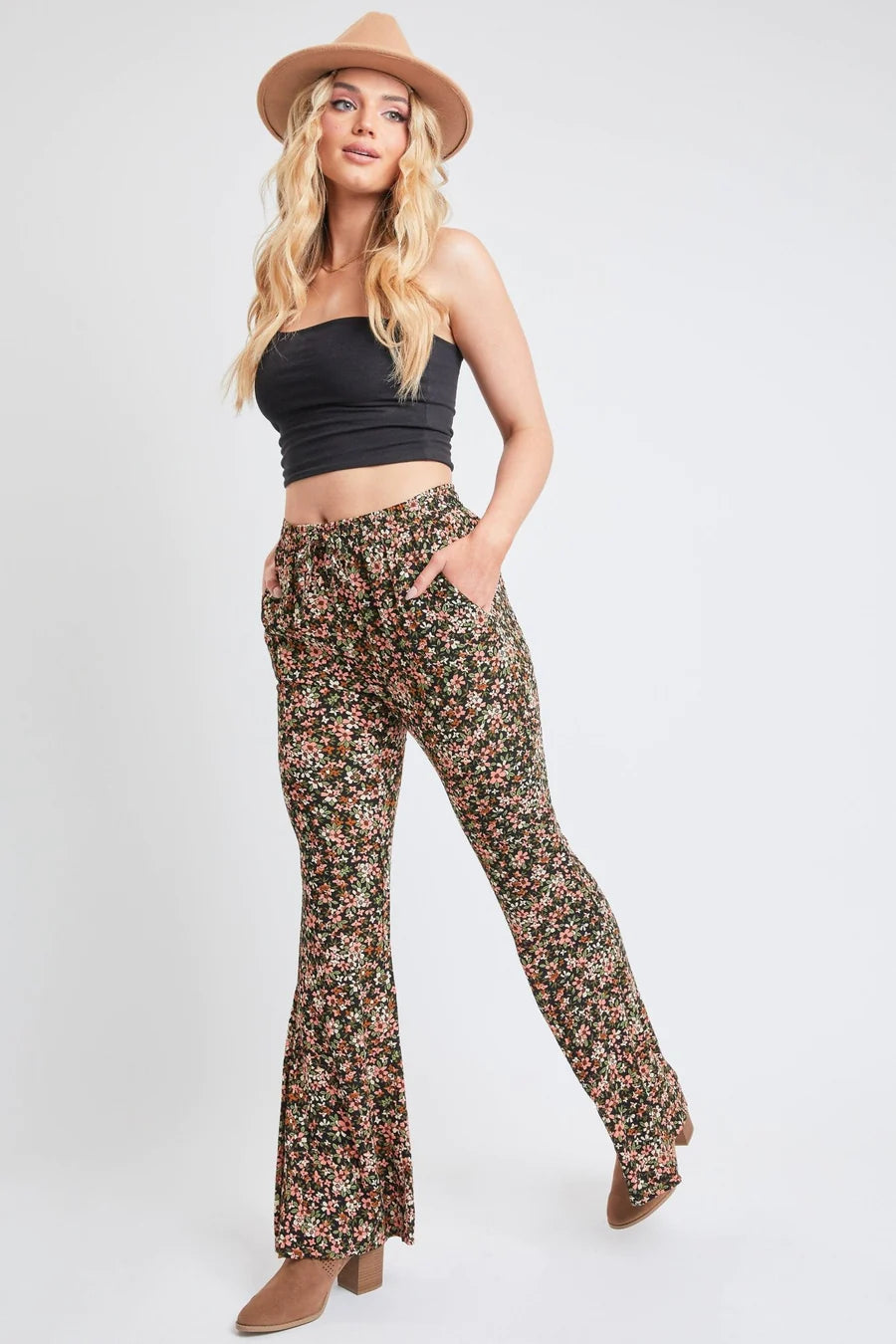 Black pink floral flare pants Comfortable Denim Trousers