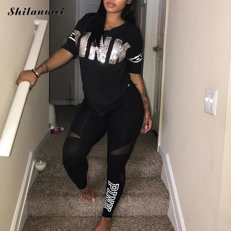 Casual 2 Piece Sets Women'S Pink Tracksuits Set Letter Print Plus Size Sweatsuit 3xl Top Ans Skinny Pants Two Piece Sportsuits Stylish Casual Pants
