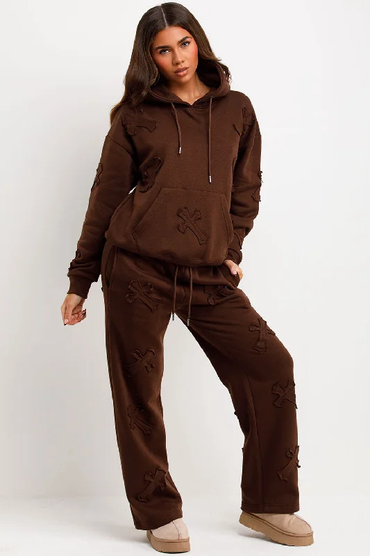 Cross Patch Hoodie And Joggers Tracksuit Lounge Set Chocolate Hoodie with Hidden Zipper Minimalist Clean Cross Patch Hoodie And Joggers Tracksuit Lounge Set Chocolate Hoodie with Hidden Zipper Minimalist Clean