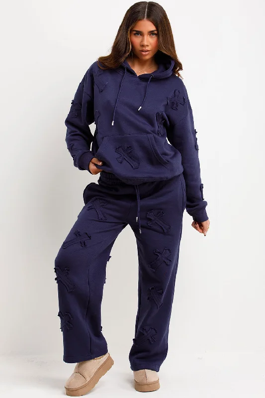 Cross Patch Hoodie And Joggers Tracksuit Lounge Set Navy Hoodie with Hem Embroidery Detailed Premium Cross Patch Hoodie And Joggers Tracksuit Lounge Set Navy Hoodie with Hem Embroidery Detailed Premium