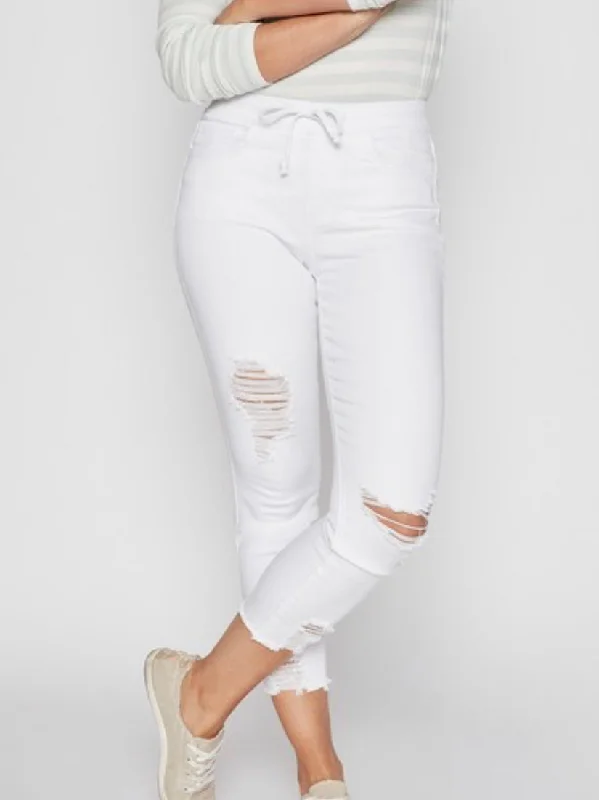Distressed White Petite High Rise Pull On Pants Fashionable Work Pants