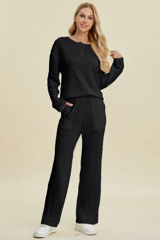 Double Take Full Size Cable-Knit Long Sleeve Top and Pants Set Classic Chino Pants