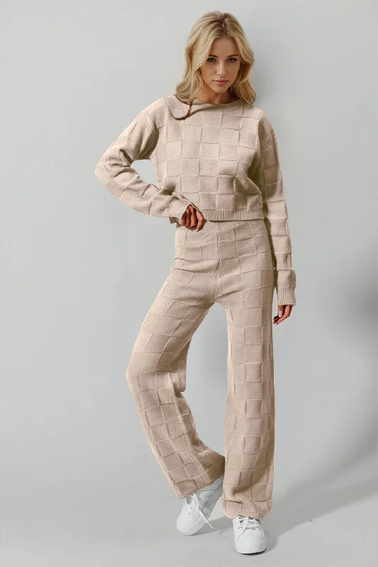 Double Take Full Size Checkered Round Neck Top and Pants Set Cozy Full-Length Pants