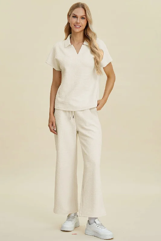 Double Take Full Size Collared Neck Short Sleeve Top and Pants Set Fashionable Track Pants