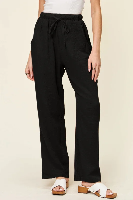 Double Take Full Size Texture Drawstring Straight Pants Trendy Wide-Legged Trousers