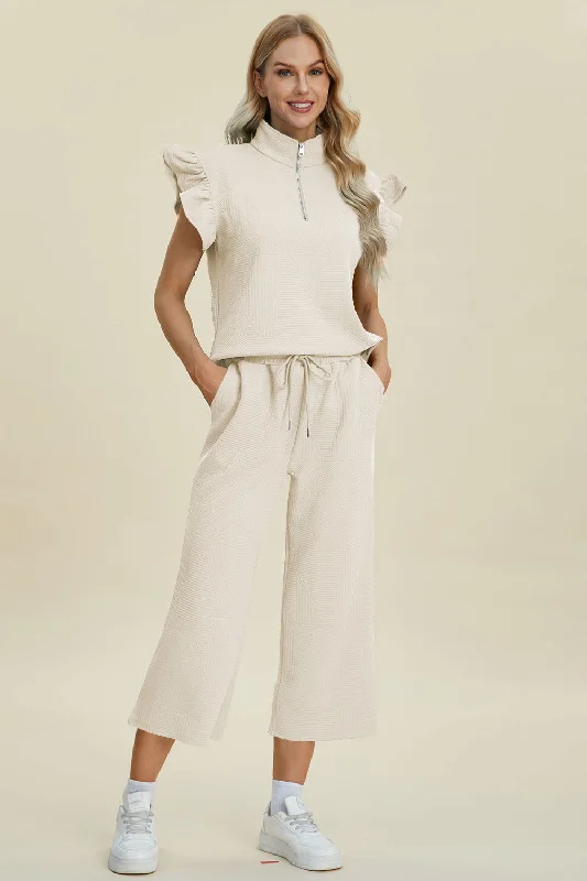 Double Take Full Size Texture Ruffle Short Sleeve Top and Wide Leg Pants Set Classic Straight-Leg Pants