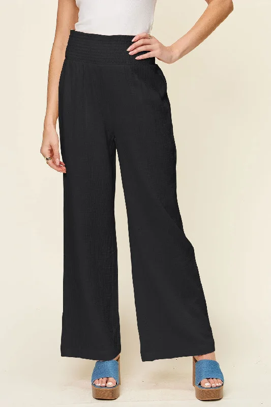 Double Take Full Size Texture Smocked Waist Wide Leg Pants Fashionable Button-Up Pants