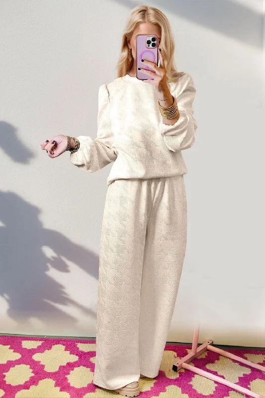 Double Take Texture Long Sleeve Top and Wide Leg Pants Set Fashionable Jogger Pants