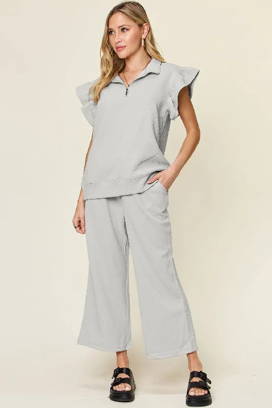 Double Take Texture Ruffle Short Sleeve Top and Drawstring Wide Leg Pants Set Casual Yoga Pants