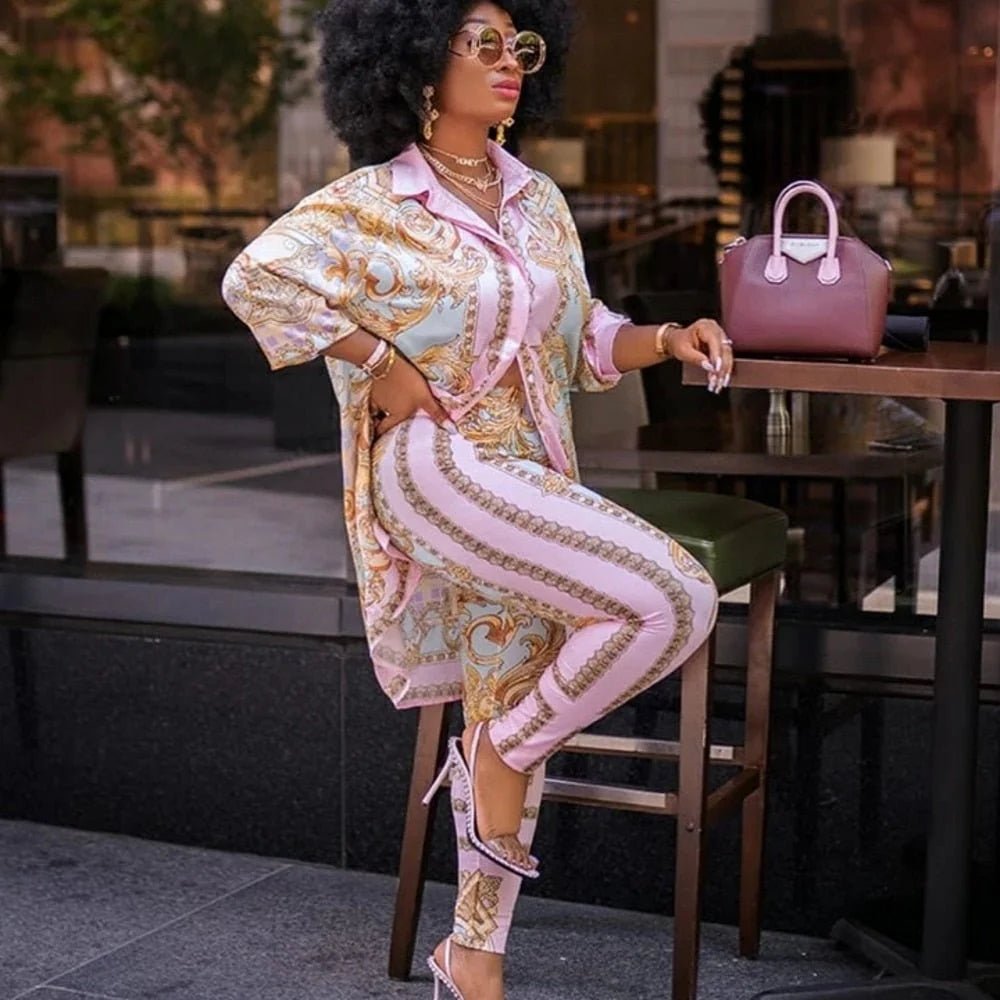 2PC African Pink Print Elastic Bazin Baggy Pants and Dashiki Suit Set Cozy Fitted Pants
