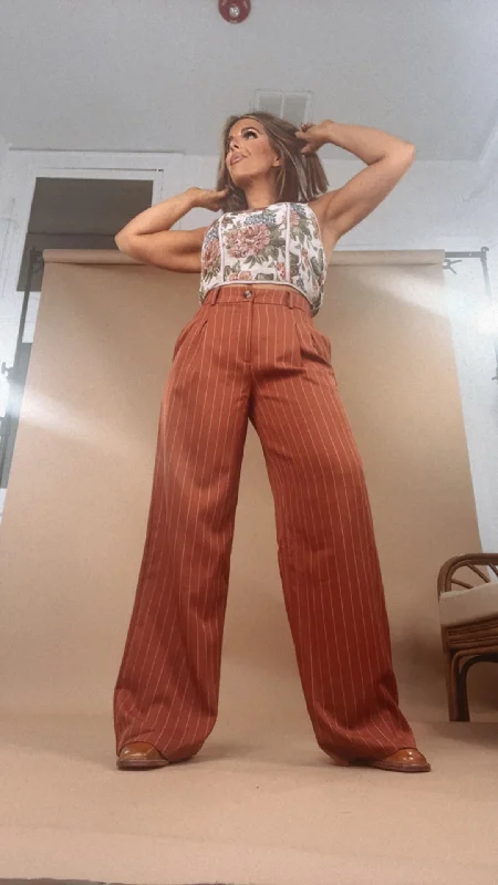 Go Getter Pin Stripe Pleated Pant, Rust Relaxed Lounge Trousers