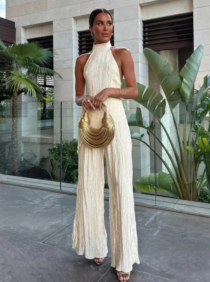 Halter Beveled Irregular Top & Wide Pants Sets Cozy Full-Length Pants