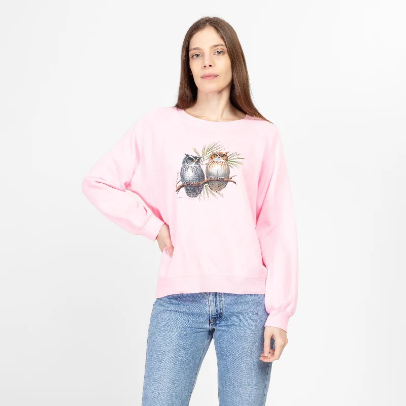 Large 90s Pink Owl Sweatshirt Hoodie with Hem Detail Decorative Unique