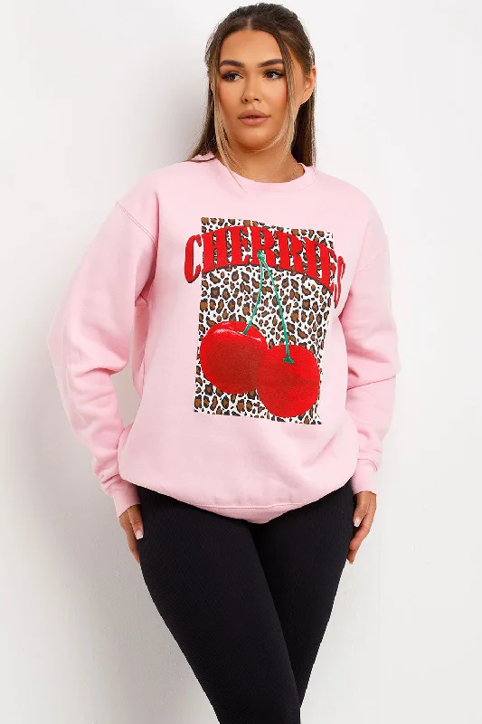 Leopard Cherry Printed Jumper Sweatshirt Pink Hoodie with Turtle Neck Cozy Winter