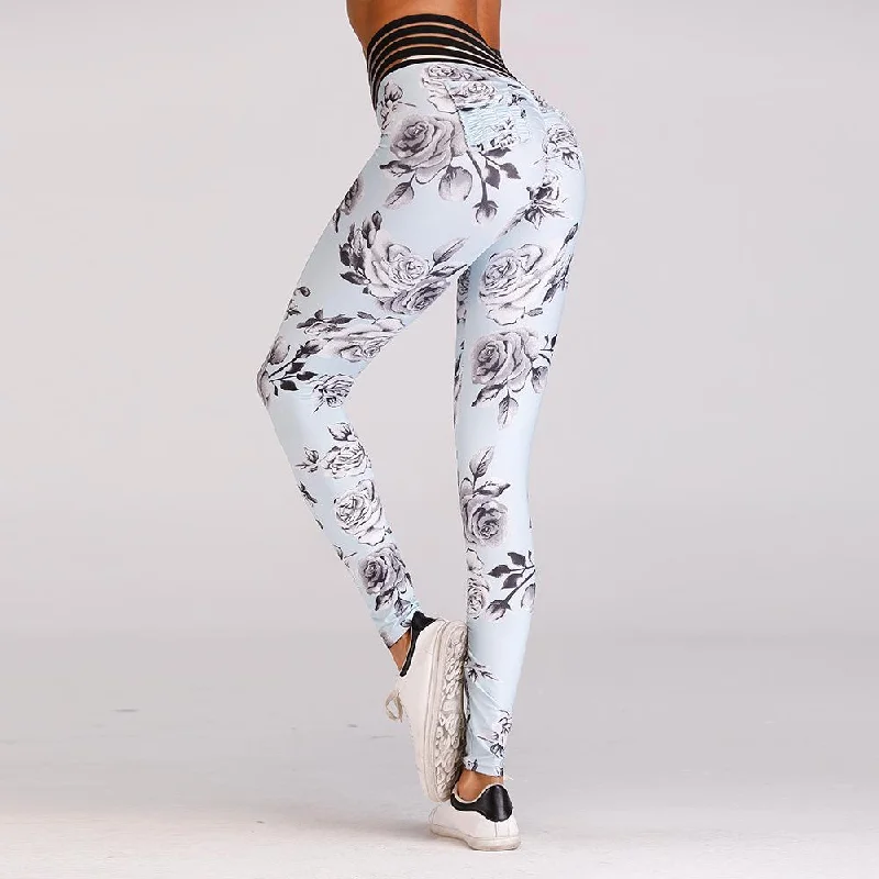 Nanette -- Women's Floral Yoga Pants -- Blue Fashionable Work Pants