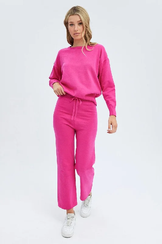 Pink Knit Lounge Pants Comfortable Fleece Pants
