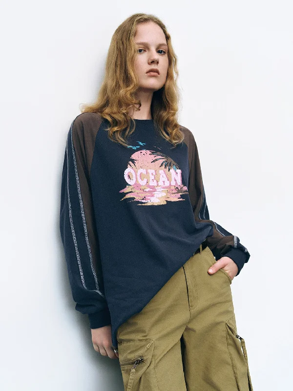 Printed Crew Neck Loose Sweatshirt Hoodie with Neon Bright Vibrant