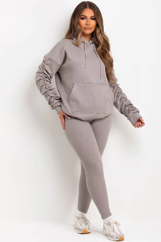 Ruched Sleeve Hoodie And Leggings Loungewear Set Dove Grey Hoodie with Logo Branding Identity Ruched Sleeve Hoodie And Leggings Loungewear Set Dove Grey Hoodie with Logo Branding Identity
