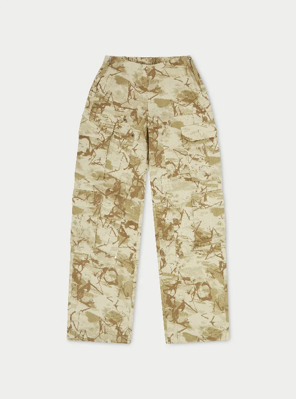 SIDE ZIP CAMO CARGO PANTS - BEIGE High-Waist Trousers