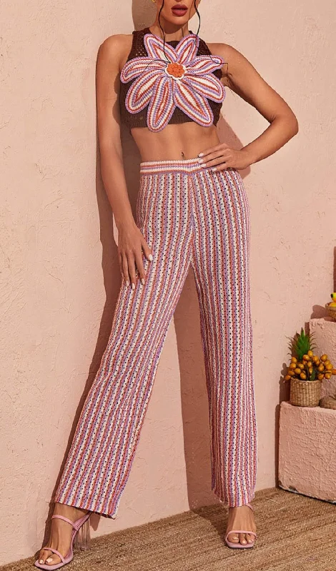 FLORAL HOLLOW KNITTED PANTS SET Warm Wool Trousers