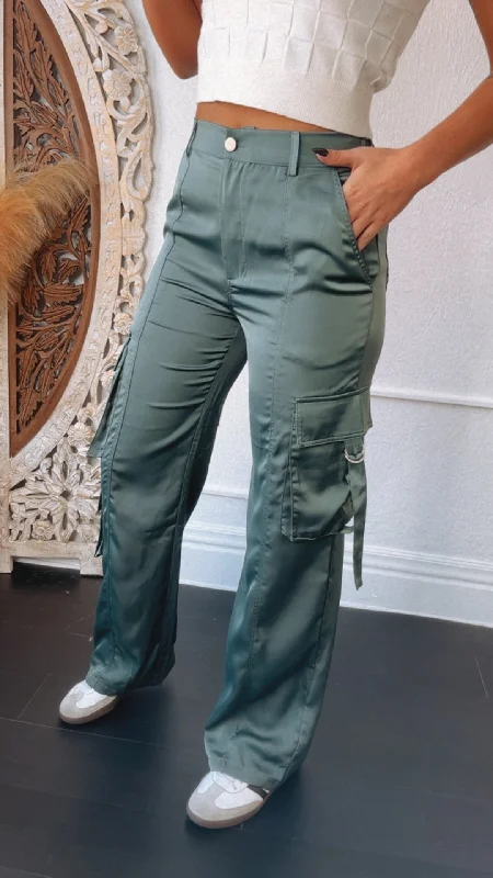Silk Cargo Pants, Olive Relaxed Fit Trousers