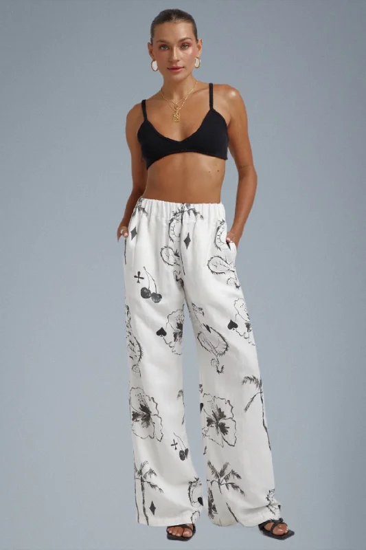 SUMMI SUMMI Womens Linen Pants - Black Dragon Of Hearts Fashionable Button-Up Pants