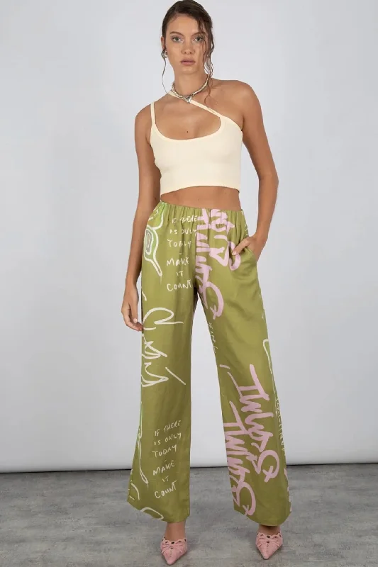 SUMMI SUMMI Womens Linen Pants - Graffiti Butterfly Khaki Comfy High-Waist Jeans