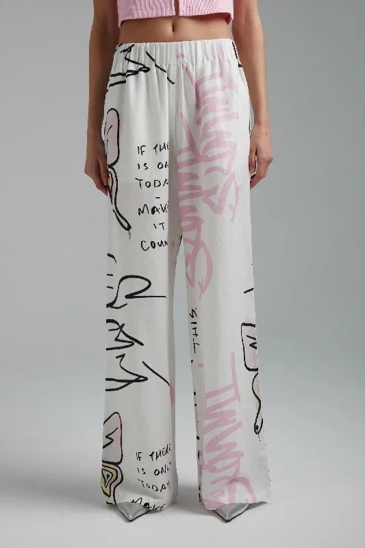 SUMMI SUMMI Womens Linen Pants - Graffiti Butterfly White Casual Yoga Pants
