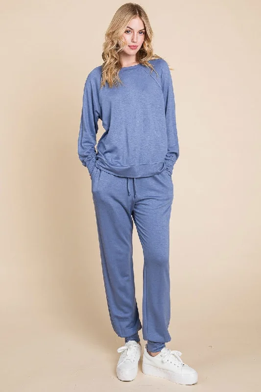 Super Lady Round Neck Raglan Sleeve Top and Pants Lounge Set Warm Wool Trousers