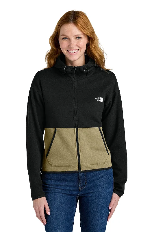 The North Face Womens Double Knit Full Zip Hooded Sweatshirt Hoodie w/ Pockets - Khaki Stone/Black - New Hoodie with Raw Hem Edgy Unfinished
