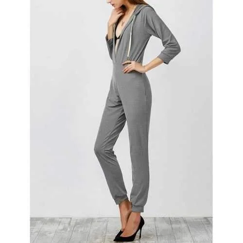 High Waist Hooded Jumpsuit - Gray M Hoodie with Set-In Sleeves Structured Classic