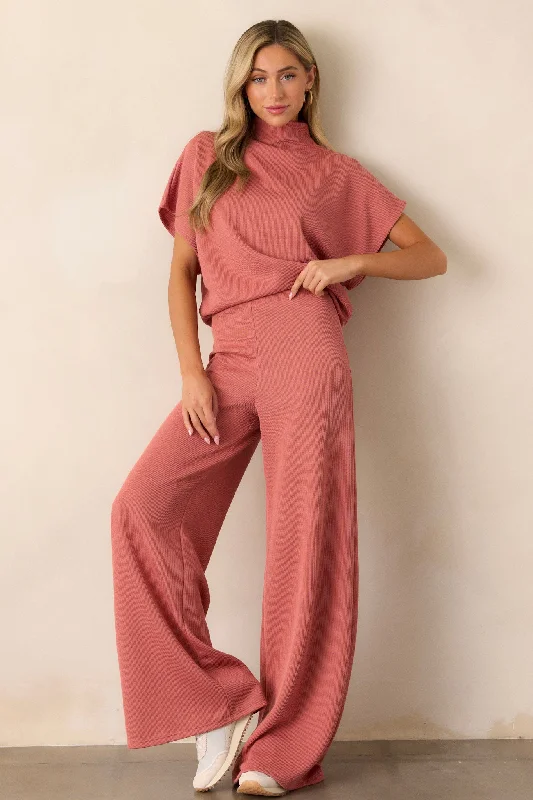 Waterfall Mist Pink Coral Knit Wide Leg Pants Trendy High-Waist Trousers